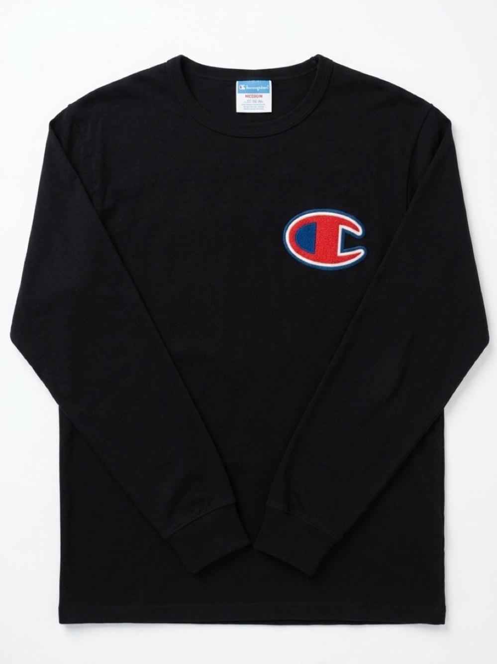 Champion Black Long Sleeve Tee with Red & Blue Patch Logo